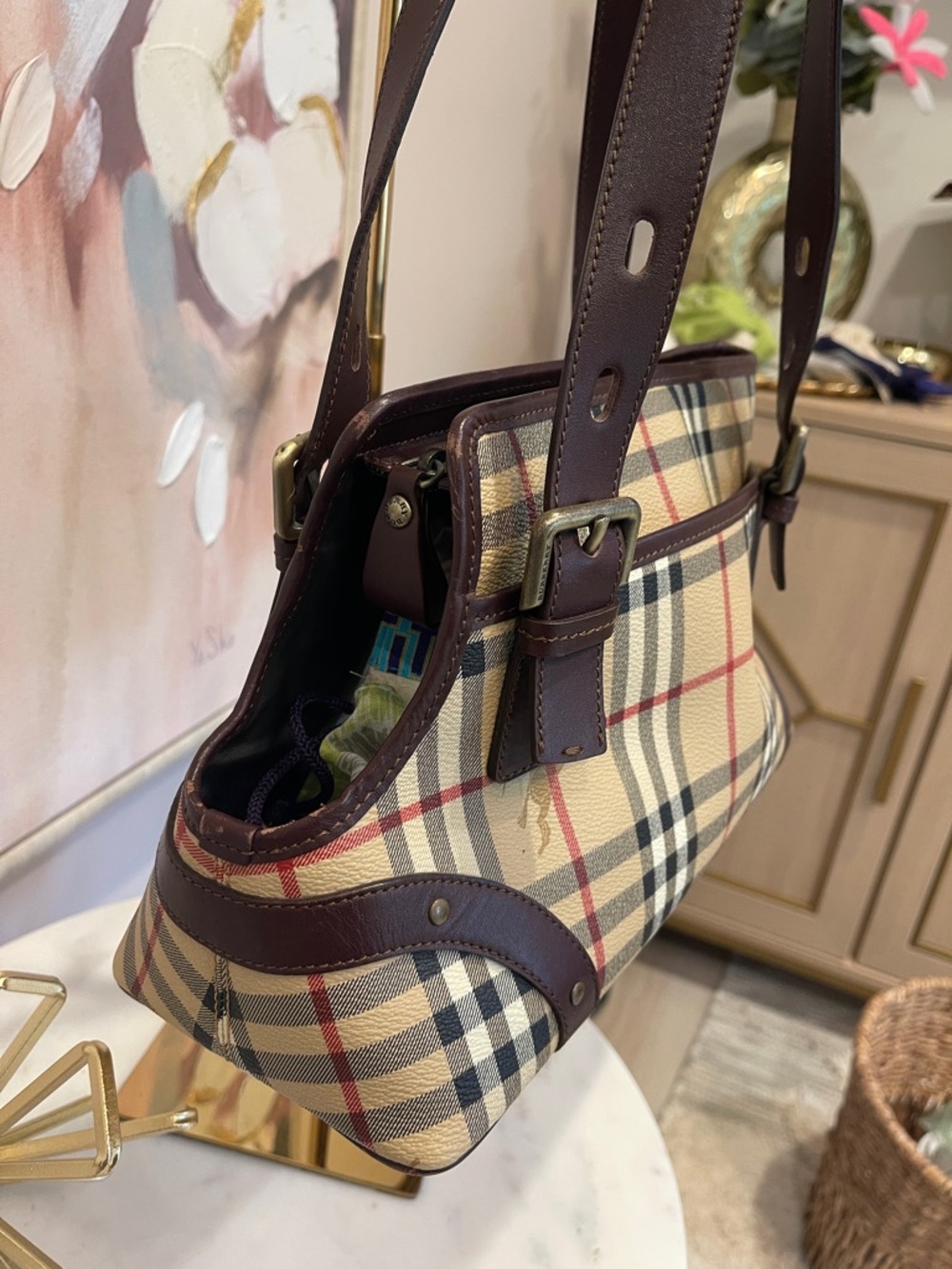 Burberry Beige Vintage Check Shoulder Bag with Brown Leather - Picture 5 of 12